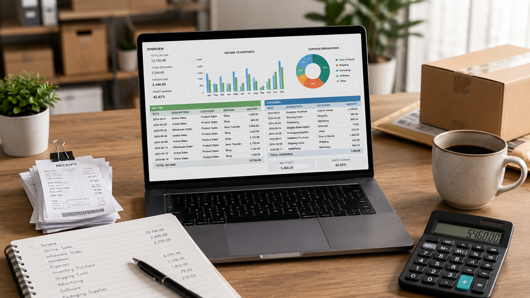 Small business bookkeeping spreadsheet for income and expenses on a laptop workspace desk