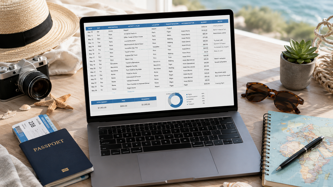 Travel planner spreadsheet with itinerary and trip budget next to a passport and boarding pass