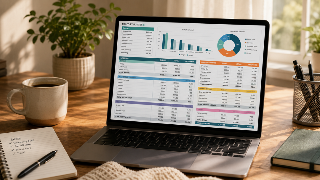 Zero-based budget spreadsheet on a laptop for monthly personal finance planning in Excel or Google Sheets