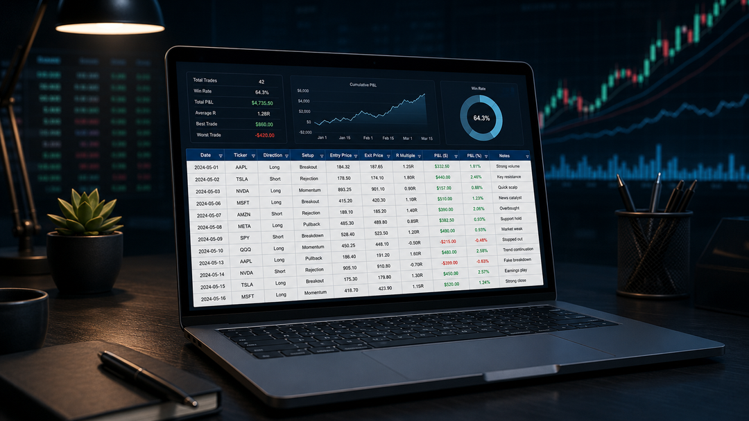 Trading journal spreadsheet on a laptop tracking stocks and options trades with P&L columns