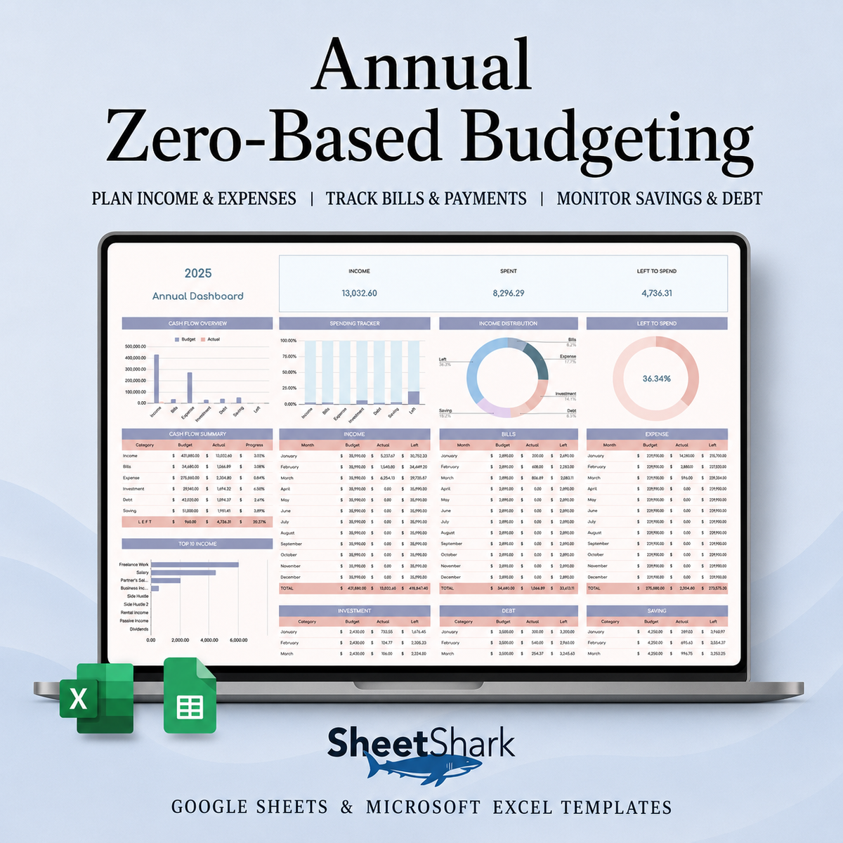 Zero-Based Budget Spreadsheet – preview for Excel and Google Sheets