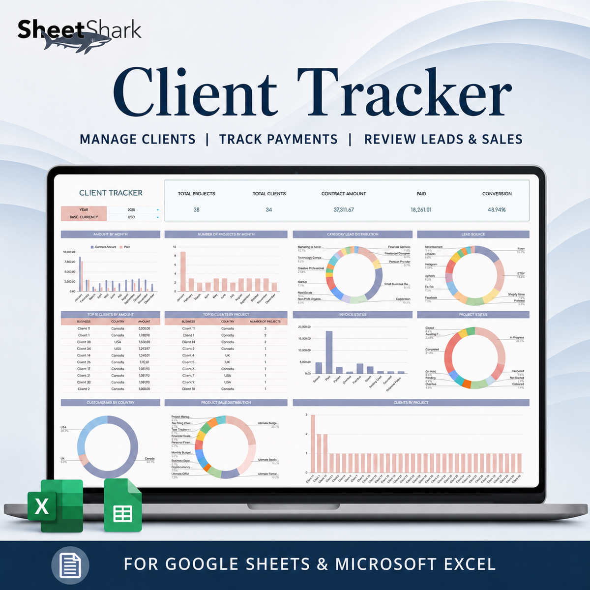 Client Tracker Spreadsheet for Freelancers – preview for Excel and Google Sheets