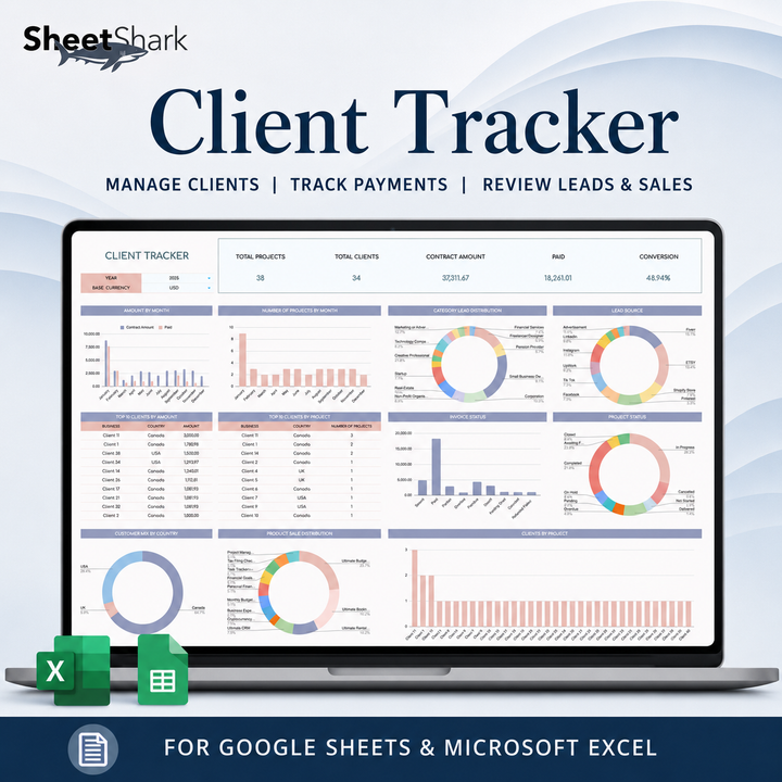 Client Tracker Spreadsheet for Freelancers – preview for Excel and Google Sheets