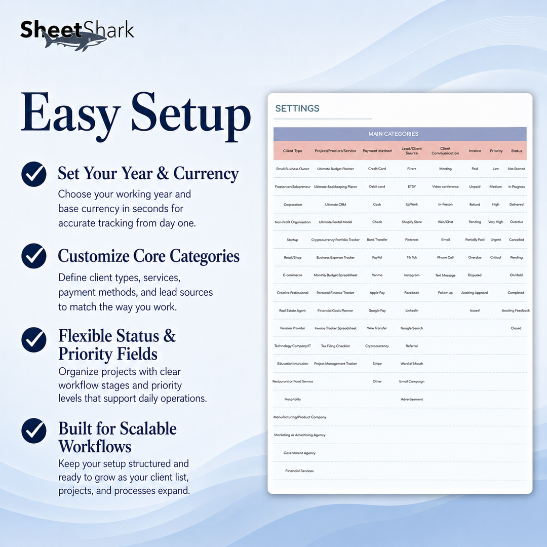 Client Tracker Spreadsheet for Freelancers – dashboard and layout overview