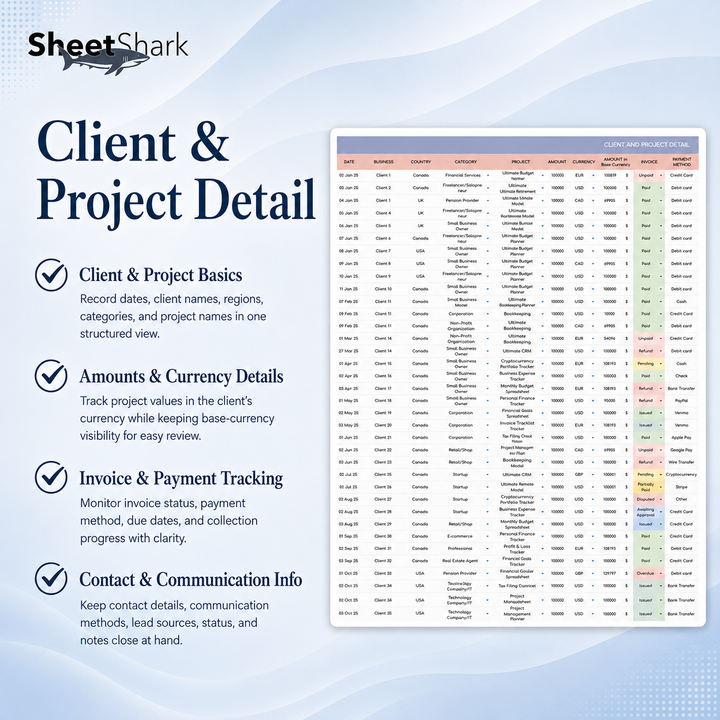 Client Tracker Spreadsheet for Freelancers – template features view