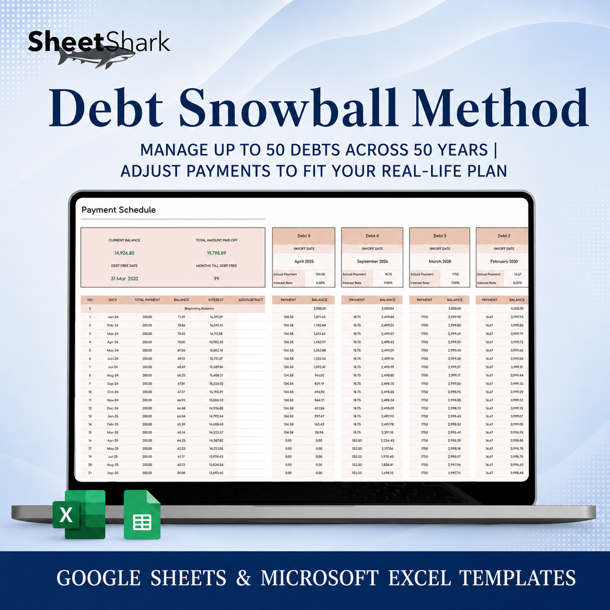 Debt Snowball Spreadsheet – preview for Excel and Google Sheets