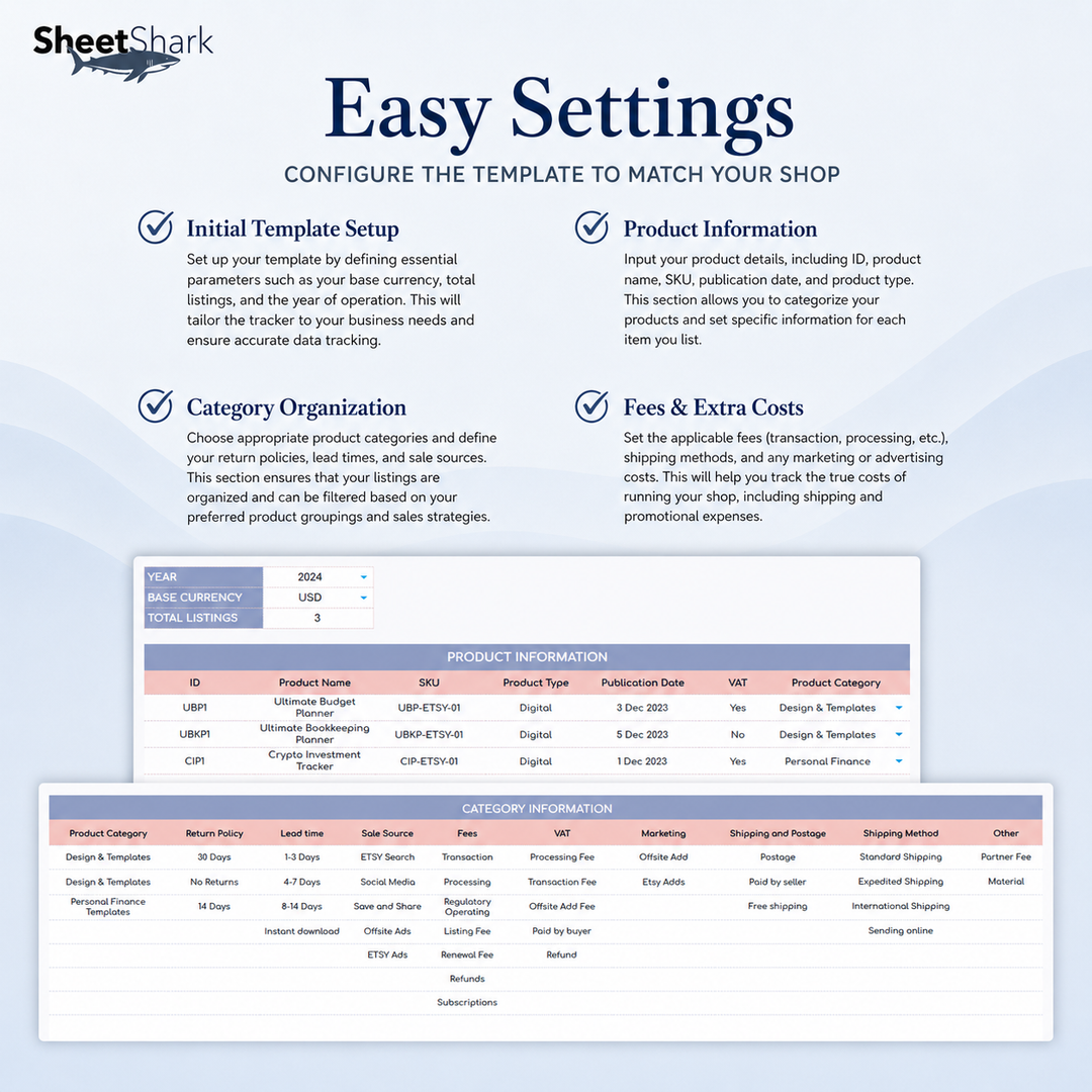 Etsy Seller Spreadsheet – dashboard and layout overview
