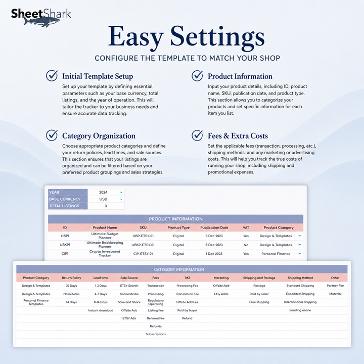 Etsy Seller Spreadsheet – dashboard and layout overview