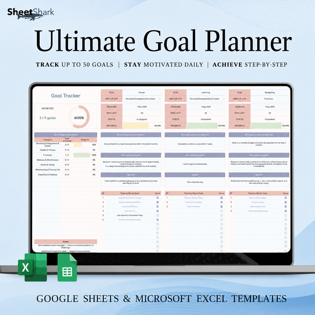 Goal Planner Spreadsheet – preview for Excel and Google Sheets