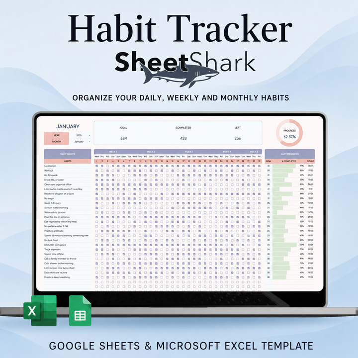 Habit Tracker Spreadsheet – preview for Excel and Google Sheets