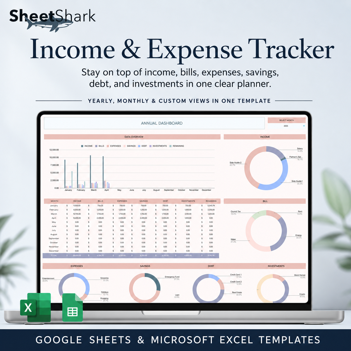 Income & Expense Tracker Spreadsheet – preview for Excel and Google Sheets
