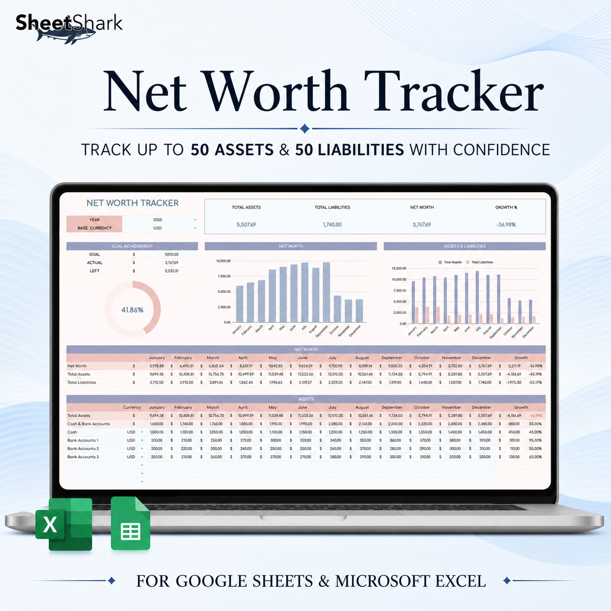 Net Worth Tracker Spreadsheet – preview for Excel and Google Sheets