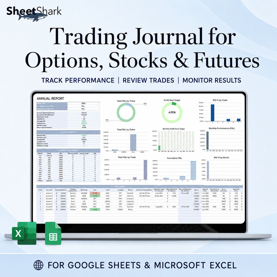 Trading Journal for Options, Stock & Futures – preview for Excel and Google Sheets