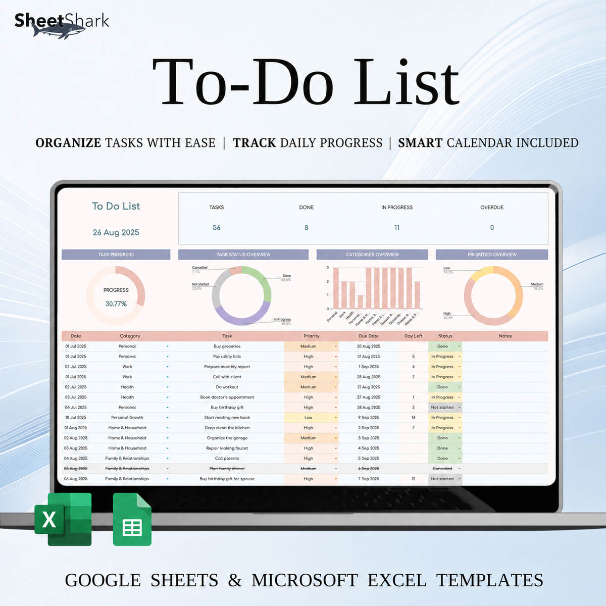 To-Do List Spreadsheet – preview for Excel and Google Sheets