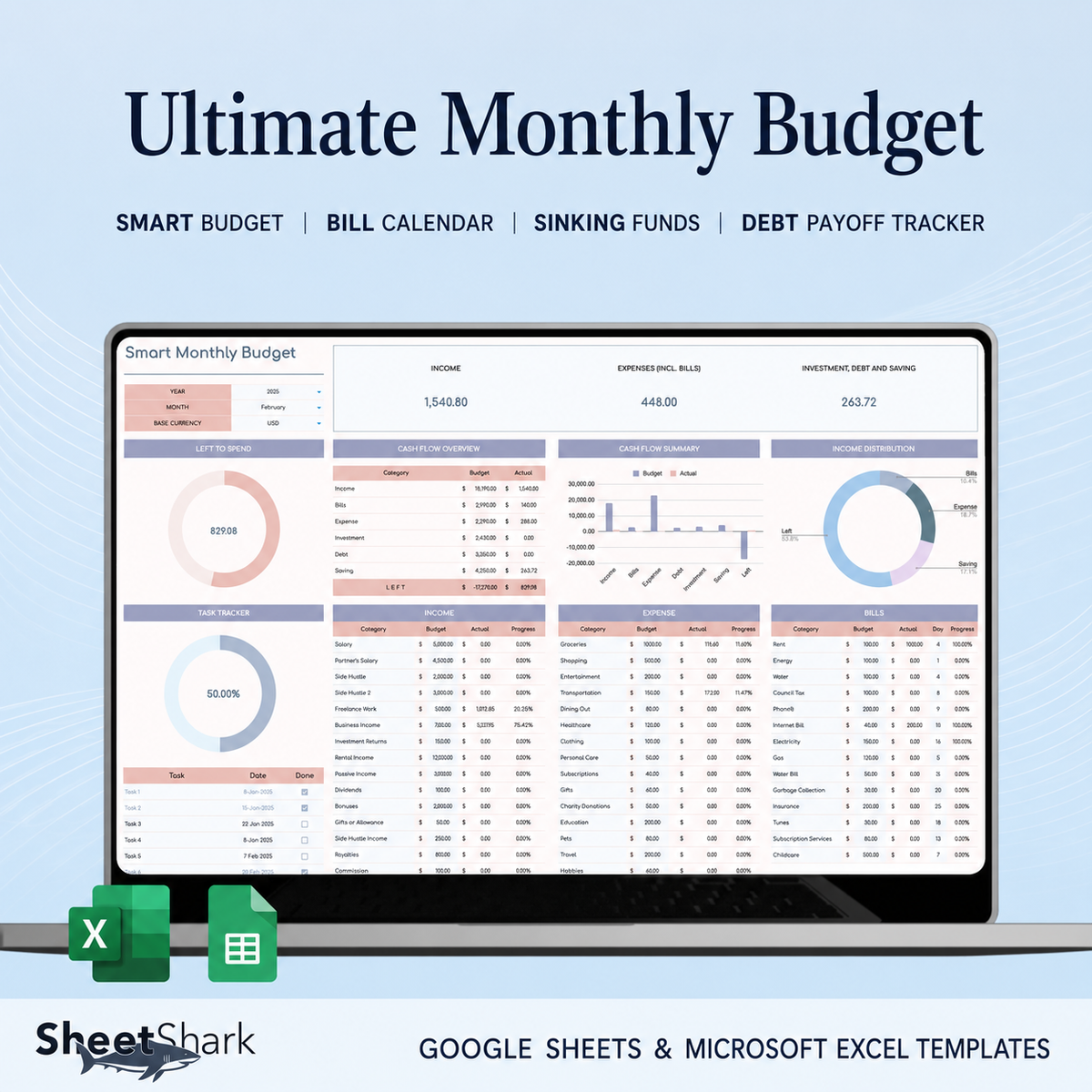Monthly Budget Spreadsheet – preview for Excel and Google Sheets