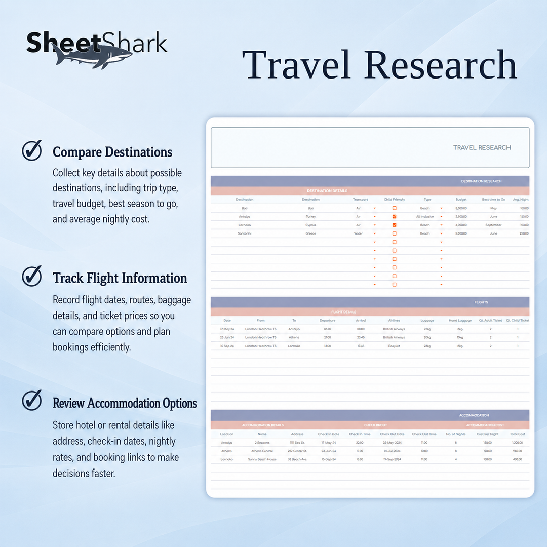 Travel Planner Spreadsheet – Excel spreadsheet template preview