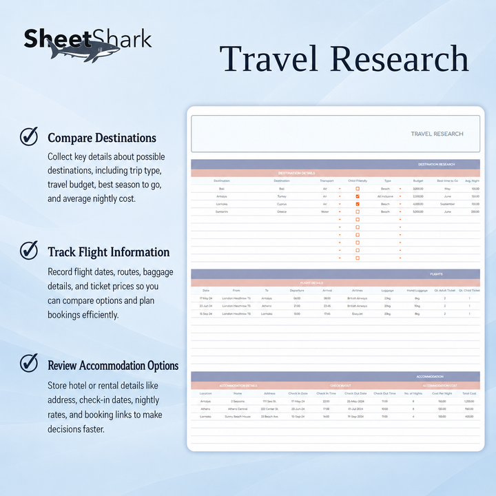 Travel Planner Spreadsheet – Excel spreadsheet template preview